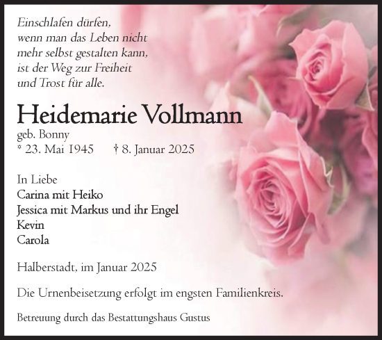 Traueranzeige von Heidemarie Vollmann von Volksstimme Halberstadt
