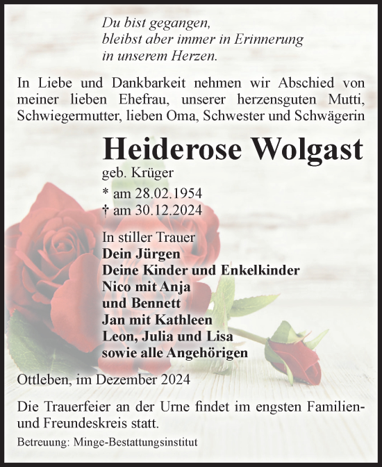 Traueranzeige von Heiderose Wolgast von Volksstimme Oschersleben/Wanzleben