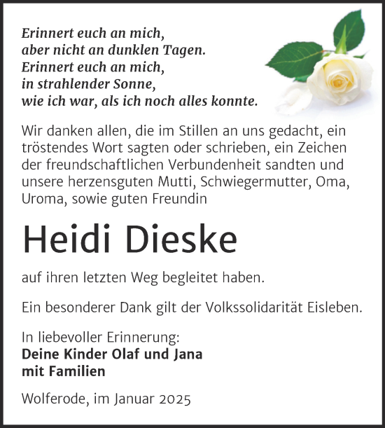 Traueranzeige von Heidi Dieske von Trauerkombi Mansfelder Land