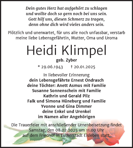 Traueranzeige von Heidi Klimpel von Trauerkombi Mansfelder Land