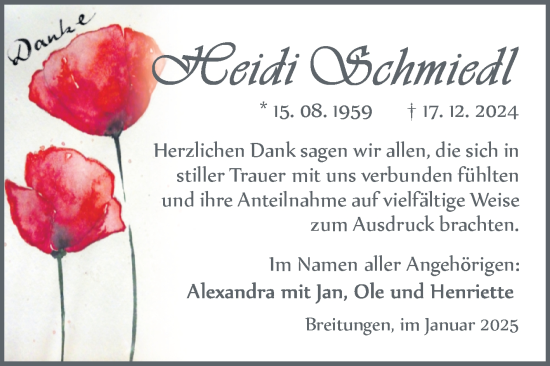 Traueranzeige von Heidi Schmiedl von Trauerkombi Sangerhausen