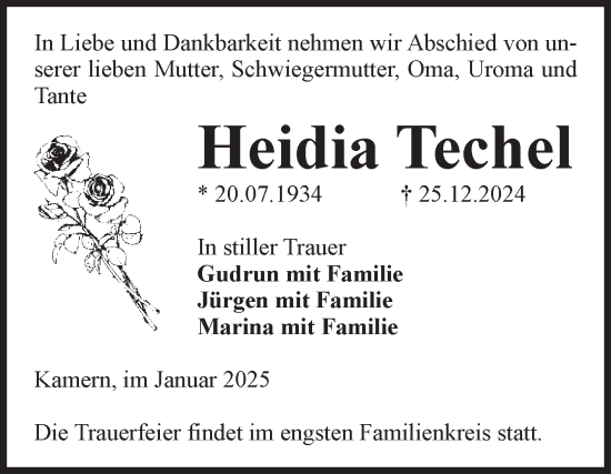 Traueranzeige von Heidia Techel von Volksstimme Altmark Ost