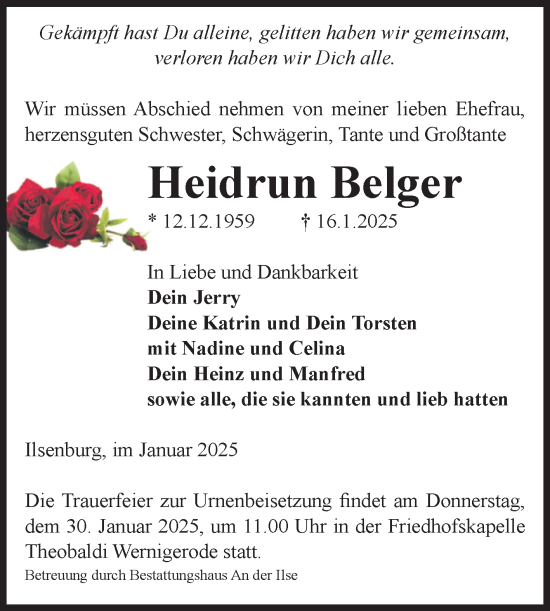 Traueranzeige von Heidrun Belger von Volksstimme Wernigerode