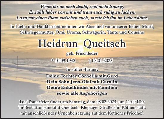 Traueranzeige von Heidrun Queitsch von Trauerkombi Köthen