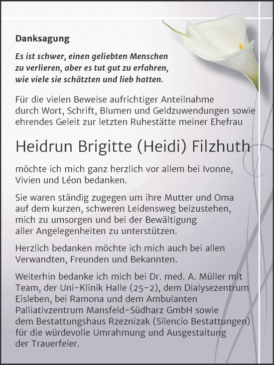 Traueranzeige von Heidrun Brigitte Filzhuth von Trauerkombi Mansfelder Land