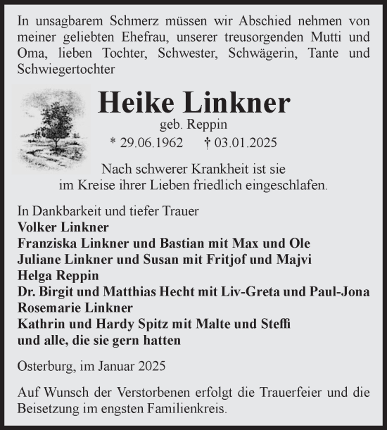 Traueranzeige von Heike Linkner von Volksstimme Altmark Ost
