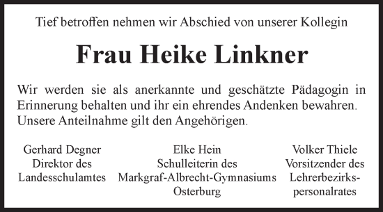 Traueranzeige von Heike Linkner von Volksstimme Altmark Ost