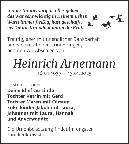 Traueranzeige von Heinrich Arnemann von Trauerkombi Wittenberg