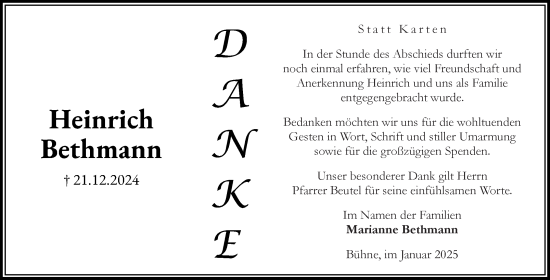 Traueranzeige von Heinrich Bethmann von Volksstimme Halberstadt