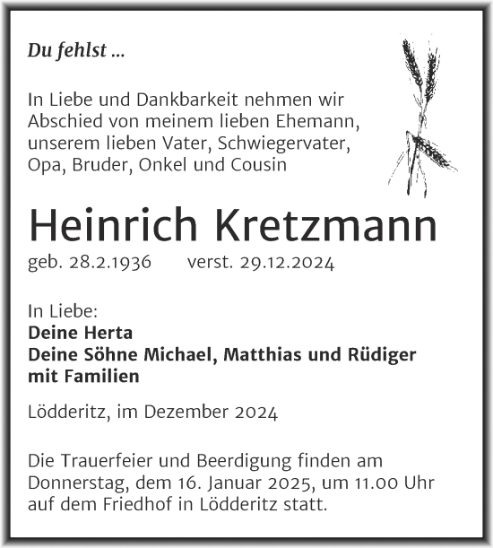 Traueranzeige von Heinrich Kretzmann von Volksstimme Schönebeck