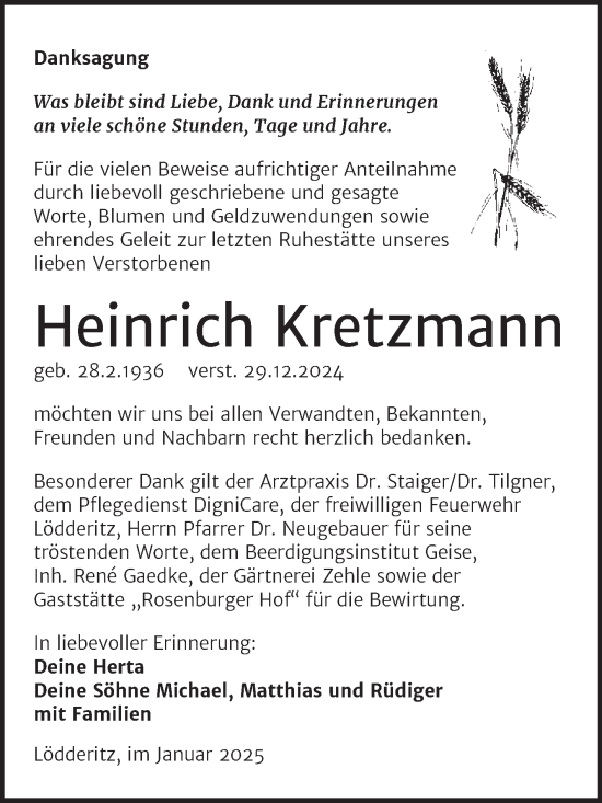 Traueranzeige von Heinrich Kretzmann von Volksstimme Schönebeck