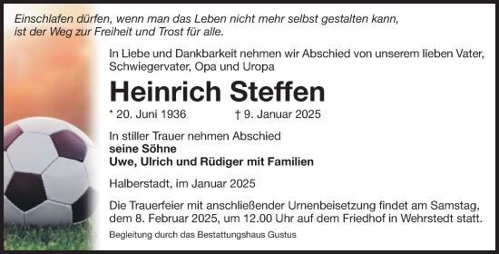 Traueranzeige von Heinrich Steffen von Volksstimme Halberstadt