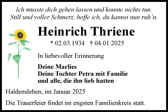 Traueranzeige von Heinrich Thriene von Volksstimme Haldensleben/Wolmirstedt