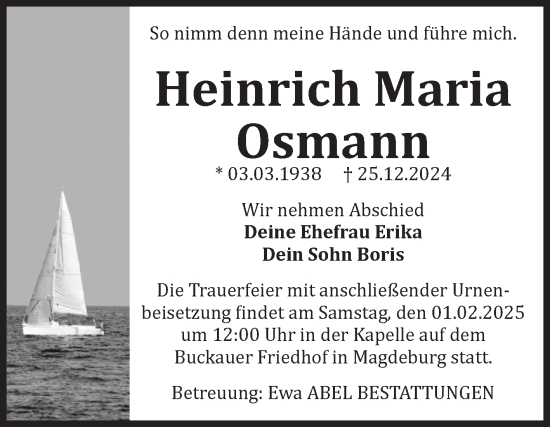 Traueranzeige von Heinrich Maria Osmann von Volksstimme Magdeburg