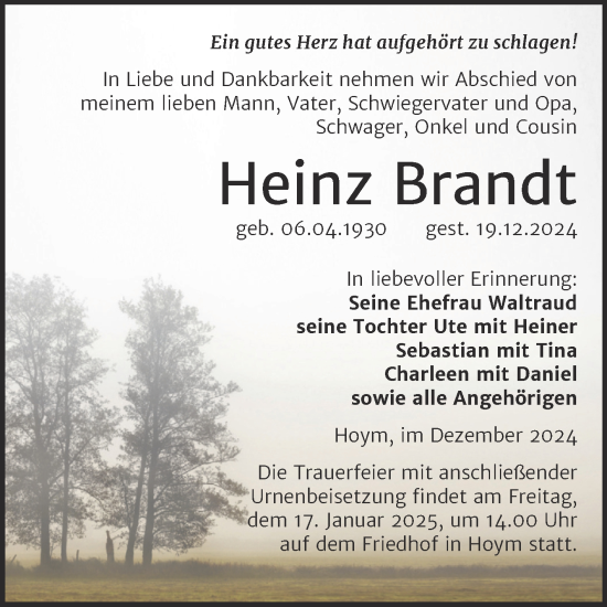 Traueranzeige von Heinz Brandt von Trauerkombi Aschersleben