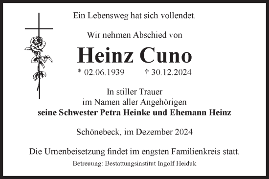 Traueranzeige von Heinz Cuno von Volksstimme Schönebeck