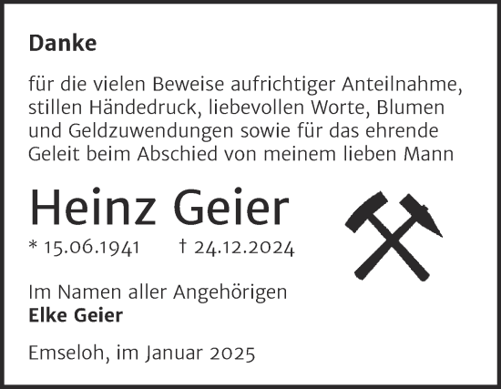 Traueranzeige von Heinz Geier von Trauerkombi Sangerhausen