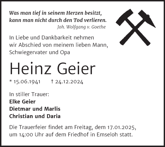 Traueranzeige von Heinz Geier von Trauerkombi Sangerhausen
