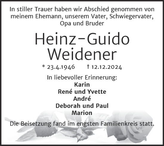 Traueranzeige von Heinz-Guido Weidener von Mitteldeutsche Zeitung Halle/Saalkreis