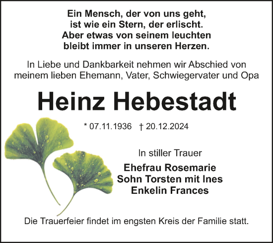 Traueranzeige von Heinz Hebestadt von Trauerkombi Dessau