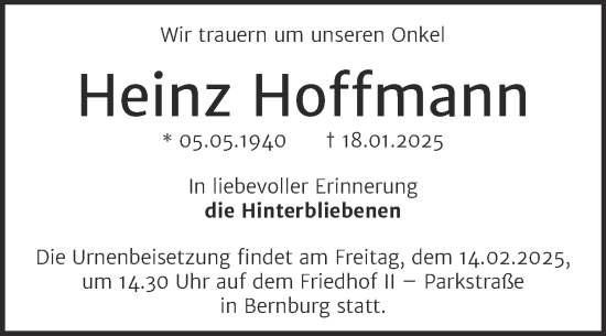 Traueranzeige von Heinz Hoffmann von Trauerkombi Bernburg
