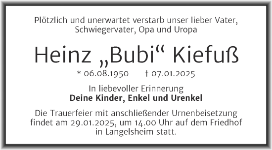 Traueranzeige von Heinz Kiefuß von Trauerkombi Mansfelder Land