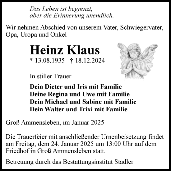 Traueranzeige von Heinz Klaus von Volksstimme Haldensleben/Wolmirstedt