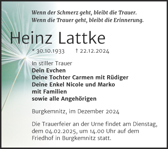 Traueranzeige von Heinz Lattke von Trauerkombi Bitterfeld