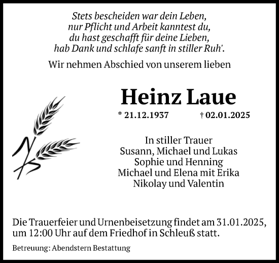 Traueranzeige von Heinz Laue von Volksstimme Altmark Ost
