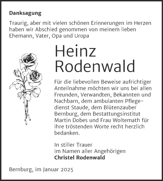 Traueranzeige von Heinz Rodenwald von Trauerkombi Bernburg