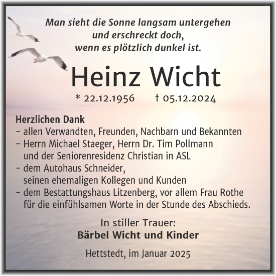 Traueranzeige von Heinz Wicht von Trauerkombi Mansfelder Land
