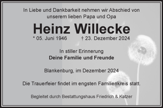 Traueranzeige von Heinz Willecke von Volksstimme Wernigerode
