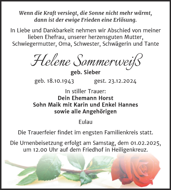 Traueranzeige von Helene Sommerweiß von Naumburger Tageblatt