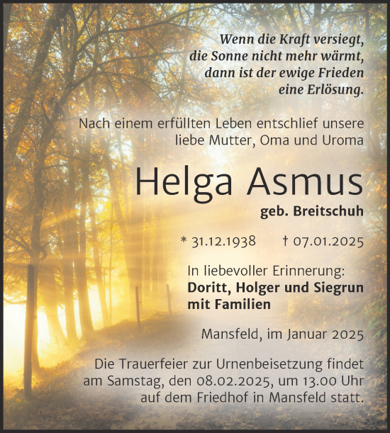 Traueranzeige von Helga Asmus von Trauerkombi Mansfelder Land