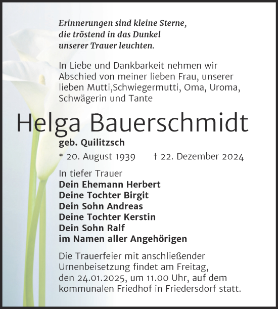 Traueranzeige von Helga Bauerschmidt von Trauerkombi Bitterfeld