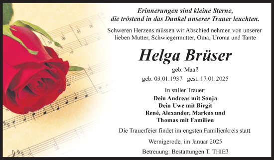 Traueranzeige von Helga Brüser von Volksstimme Wernigerode