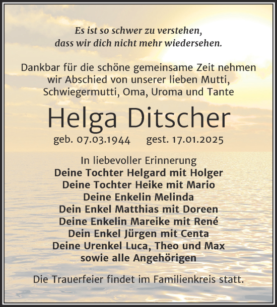 Traueranzeige von Helga Ditscher von Trauerkombi Zeitz