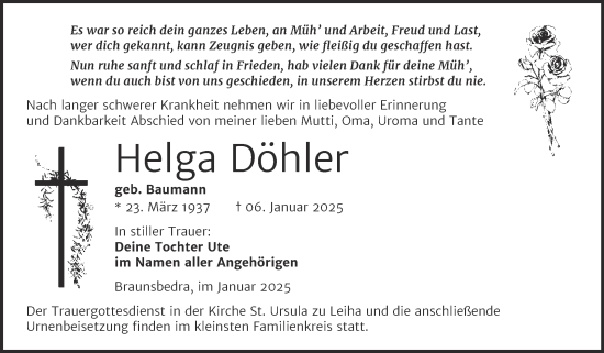 Traueranzeige von Helga Döhler von Trauerkombi Merseburg