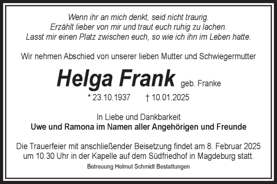 Traueranzeige von Helga Frank von Volksstimme Magdeburg