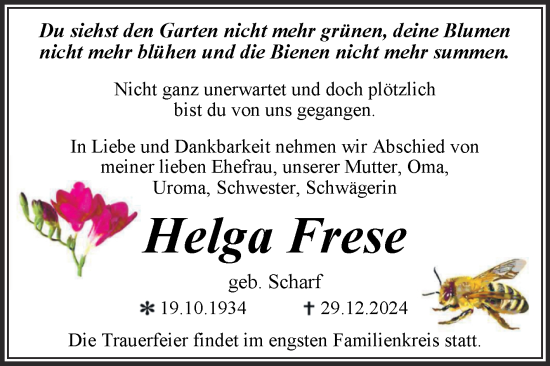 Traueranzeige von Helga Frese von Trauerkombi Dessau