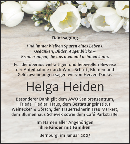 Traueranzeige von Helga Heiden von Trauerkombi Bernburg