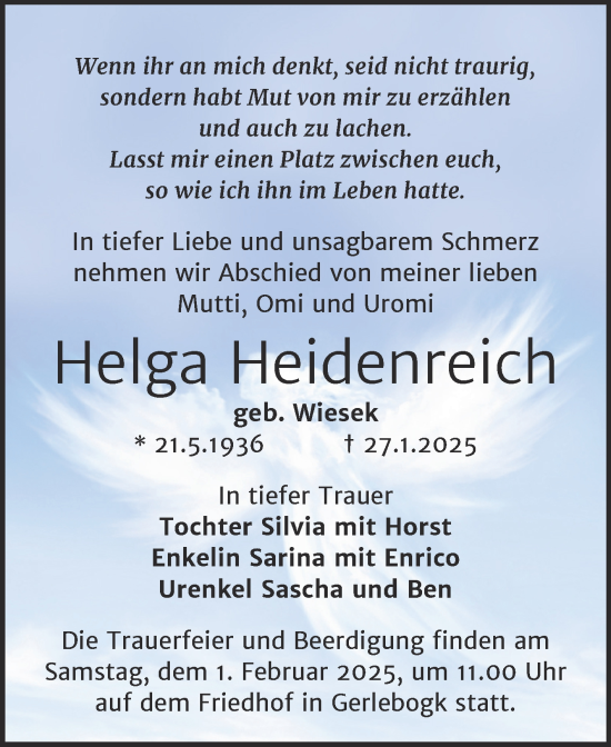 Traueranzeige von Helga Heidenreich von Trauerkombi Bernburg