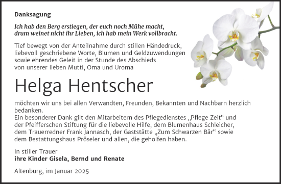 Traueranzeige von Helga Hentscher von Trauerkombi Bernburg