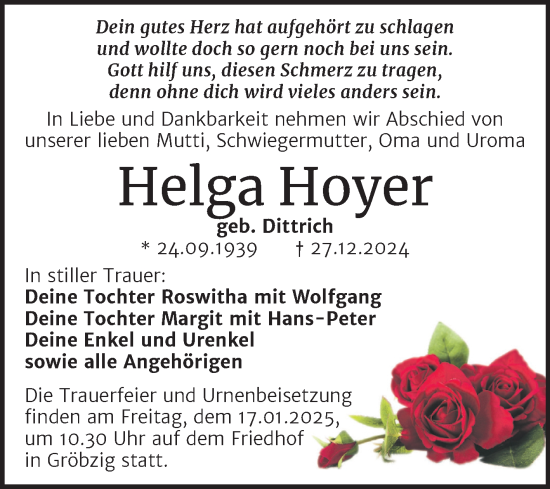 Traueranzeige von Helga Hoyer von Trauerkombi Köthen
