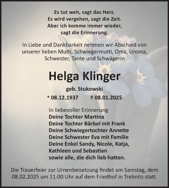 Traueranzeige von Helga Klinger von Trauerkombi Weißenfels