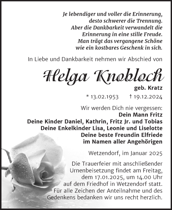 Traueranzeige von Helga Knobloch von Super Sonntag Naumburg/Nebra