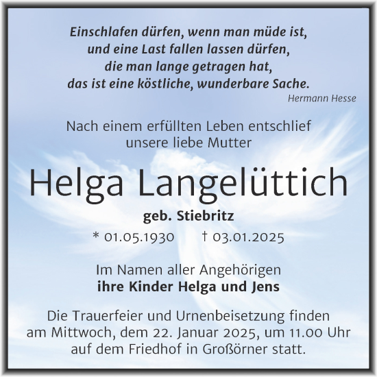 Traueranzeige von Helga Langelüttich von Trauerkombi Mansfelder Land