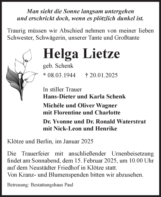 Traueranzeige von Helga Lietze von Volksstimme Altmark West
