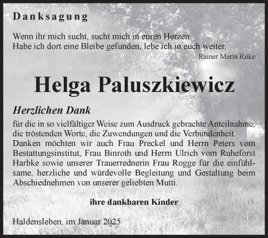 Traueranzeige von Helga Paluszkiewicz von Volksstimme Haldensleben/Wolmirstedt