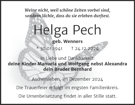 Traueranzeige von Helga Pech von Trauerkombi Aschersleben